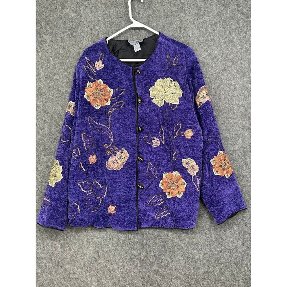 Indigo Moon Purple Chenille Floral‎ Embroidered Sequin Jacket Women 1X Toggle